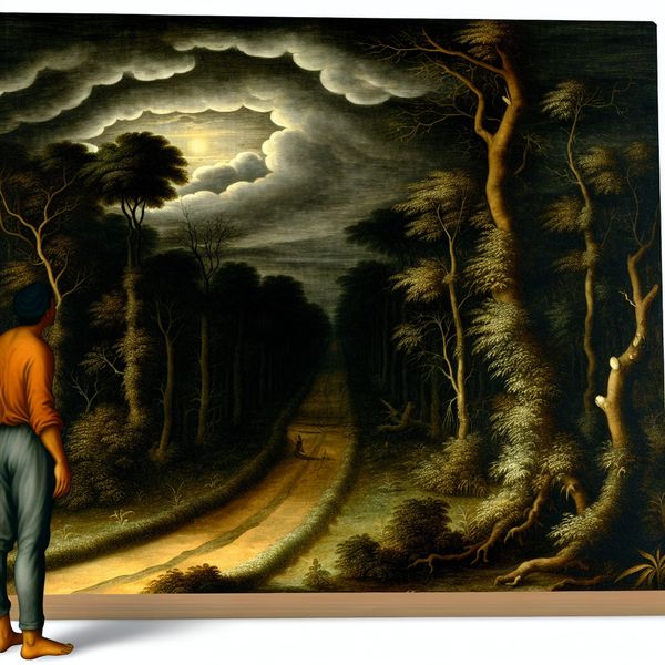 Vermijden van een donkere en gevaarlijke weg Een eenzame figuur staat aan de rand van een donkere, kronkelige weg, omringd door bomen, met een angstige blik op een verouderd, slecht verlicht pad in de schaduw.
