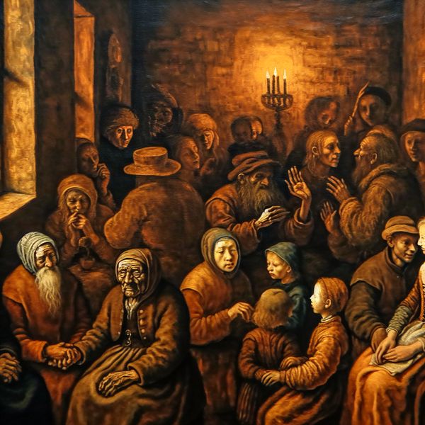 Gedetailleerde schilderij in Rembrandt-stijl van meerdere generaties mensen die verbondenheid en verhalen door de tijd heen uitbeelden, met warme gouden lichtcontrasten en aardetinten