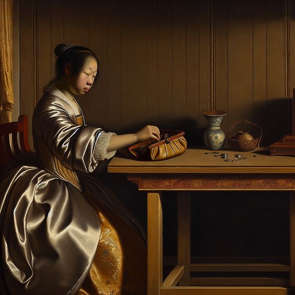 Jonge vrouw telt zorgvuldig munten aan een houten tafel in een 17e-eeuws Hollands interieur, symboliserend doordacht handelen