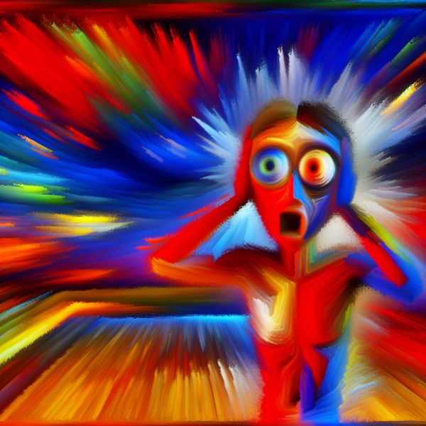 Emotionele schok en doordringend besef in abstracte kunst Abstracte voorstelling van een persoon die een diepe emotionele schok ervaart, met felle kleuren en expressieve penseelstreken in de stijl van Karel Appel