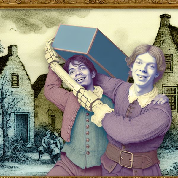 Ouderwetse illustratie van een jongen die een doos tilt in een sprookjesachtige setting Een jonge man die met zijn linkerarm een grote doos optilt en zijn jongere broer helpt in een ouderwets dorp.