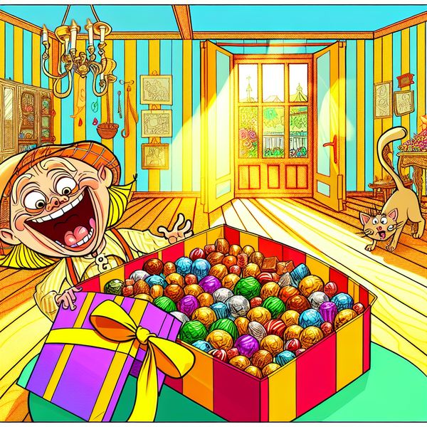 Speelse Doos Chocolade Illustratie Een cartoonachtige illustratie van een open doos pralines in een zonnige kamer met een blij karakter dat naar een praline reikt en een nieuwsgierige kat die in de doos kijkt.