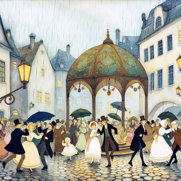 Dorpsfeest voortzetten ondanks regen - nostalgische taalleer illustratie Vrolijke dorpsfeest onder regenachtige hemel waar mensen dansen en feesten ondanks de regen, illustratie in nostalgische stijl van Anton Pieck
