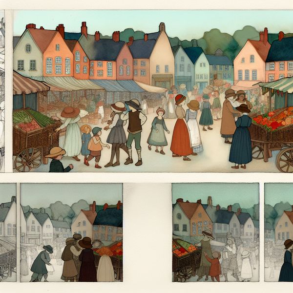 Dorpsmarkt Gezondheid en Welzijn Een levendige illustratie van een dorpsmarkt met mensen die de gezondheid van hun gemeenschap bespreken, omgeven door schilderachtige gebouwen en kleurrijke kraampjes met verse producten.