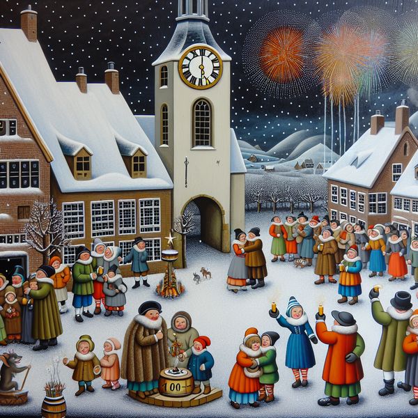 Dorpsplein met middernacht klok en vuurwerk Een feestelijke winterscène met een dorpsplein en een torenklok die middernacht slaat, met vallende sneeuw en kleurrijke vuurwerk.