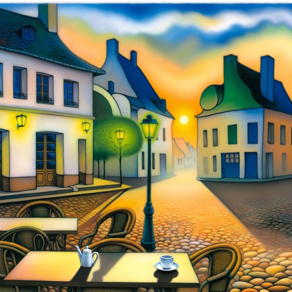 Ochtendscène van een dorpsplein met café en futuristische architectuur Rustige ochtendscène van een klein dorpsplein met een café, een paper cup koffie en futuristische architectuur op de achtergrond.