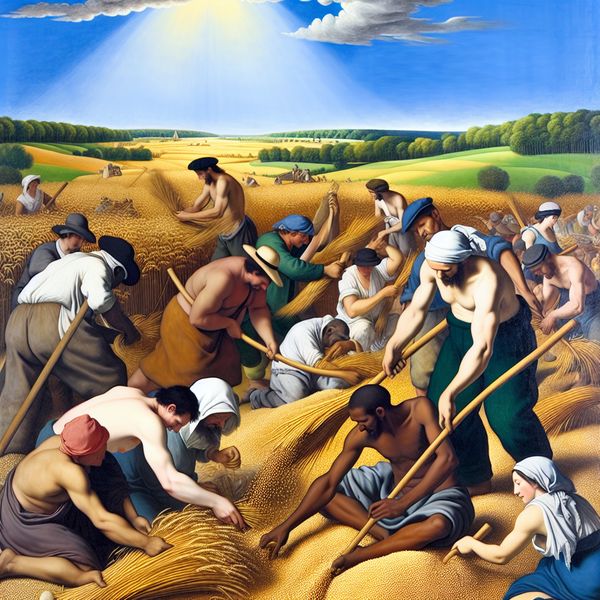 Boeren bezig met het dorsen van graan in een zonnig veld, met traditionele gereedschappen en een achtergrond van rijke gewassen.