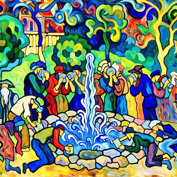 Abstracte voorstelling van vermoeide reizigers die dorst lessen bij een natuurlijke bron in een levendig park, geschilderd in expressieve stijl met felle kleuren en dikke penseelstreken