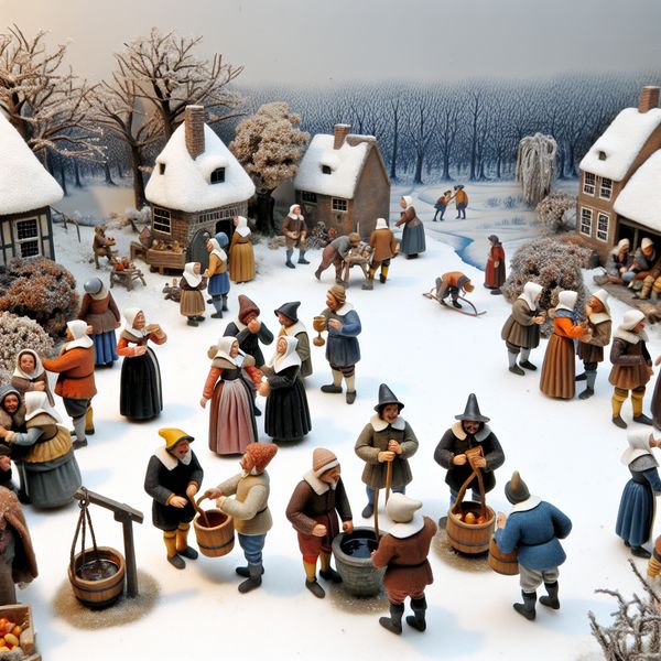 17e-eeuwse Nederlandse wintertafereel met reizigers die dorst lessen bij een dorpsput of bevroren beek, geschilderd in de stijl van Hendrick Avercamp