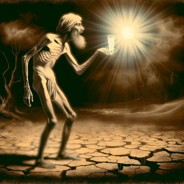 Dorstige figuur in een desolaat landschap Een uitgeputte figuur in een dor en heet landschap staart verlangend naar een glas water dat net buiten bereik ligt.