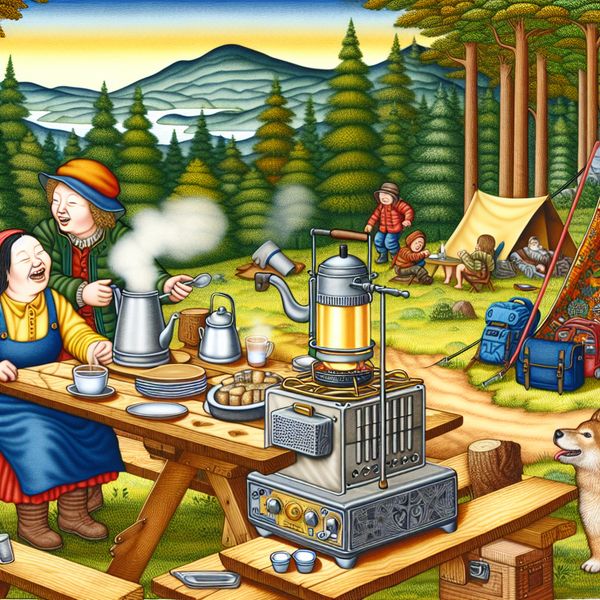 Een kleine draagbare campingkachel op een houten picknicktafel met een dampende waterkettle voor thee, omringd door kampeerspullen en een natuurlijk landschap met bomen en bergen.
