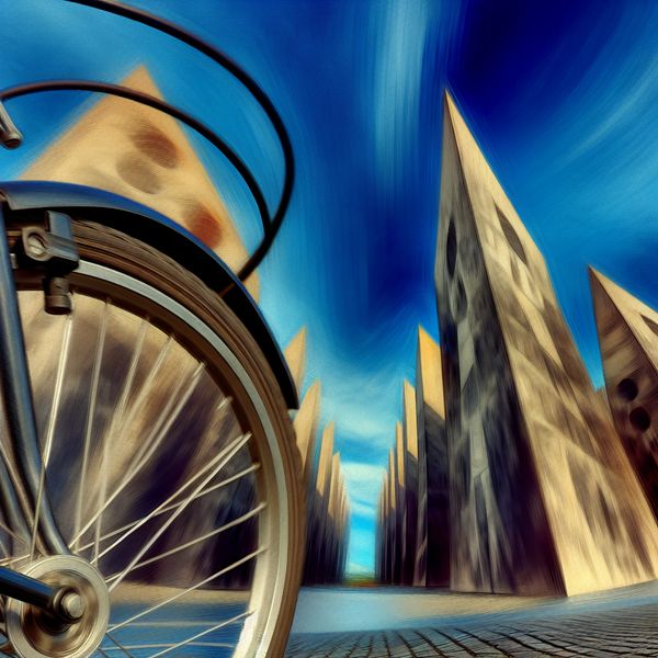 Draaiend Fietswiel in Stedelijke Architectuur Een surrealistisch beeld van een draaiend fietswiel in een stadslandschap met monumentale architectuur.