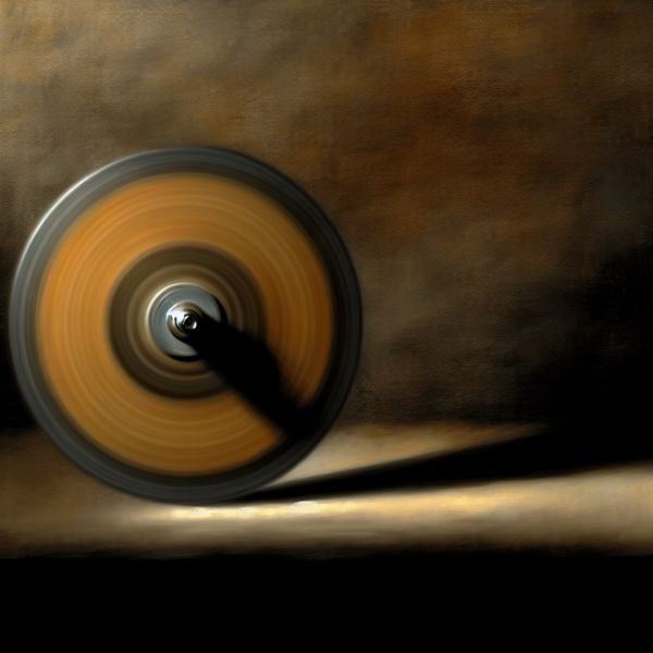Draaierende schijf met dramatische belichting Close-up van een draaiende schijf die op zijn zijkant wiebelt, met een dramatische belichting die texturen en kleuren laat zien.