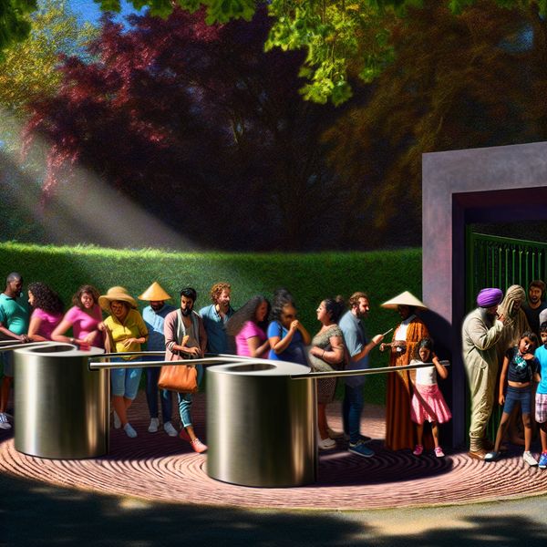 Een draaikolk hek bij de ingang van een park met diverse bezoekers die enthousiast naar binnen gaan.