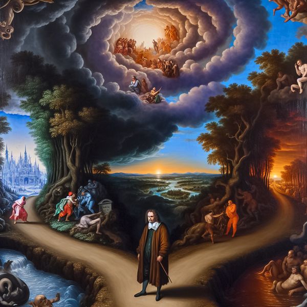 Dramatisch Barok Schilderij van Een Keerpunt in het Leven Een man in 17e-eeuwse kleding staat bij een kruispunt, met een bezorgde uitdrukking, terwijl hij de twee verschillende paden overweegt, omringd door intense emotievolle figuren.
