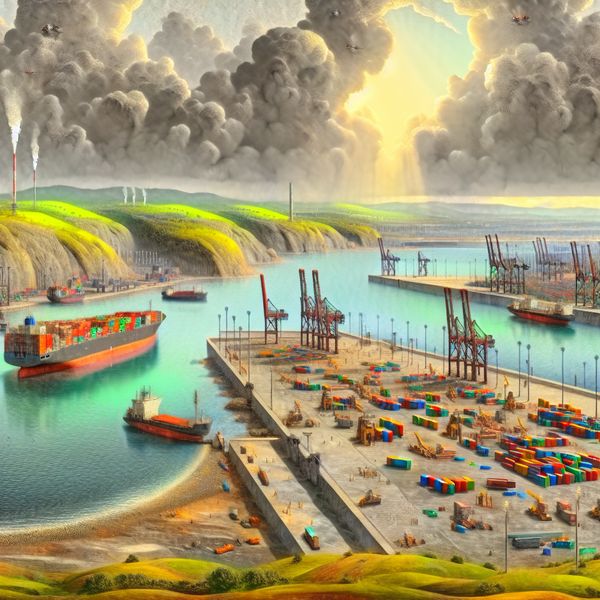 Modern Kustlandschap met Havenfaciliteiten en Vrachtwagens Dramatisch kustlandschap met een drukke haven, grote vrachtschepen en werkers die containers lossen onder een bewolkte lucht.