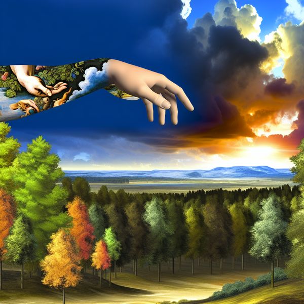 Dramatisch Landschap met Hand uit het Bos als Symbool van Verbondenheid Een hand die uit een levendig bos oprijst, met dramatische wolken erboven, symboliseert de verbinding tussen lichaam en natuur.