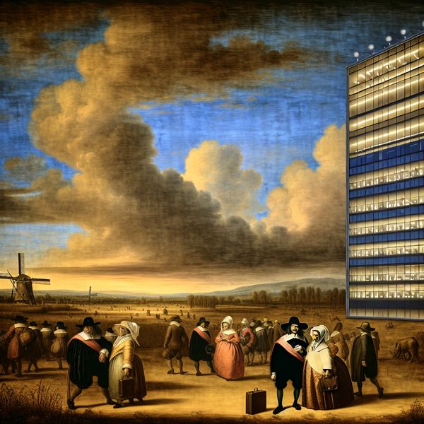 Dramatisch Landschap met Kantoor en Ruisdael-Lucht Dramatisch landschap met Ruisdael-achtige lucht, voorgrond met kantoorgebouw