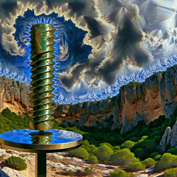 Dramatisch Landschap met Sterke IJzeren Pin Een stevig ijzeren pin in een rotsachtige omgeving met dramatische wolken op de achtergrond, symboliserend stabiliteit in de bouw.