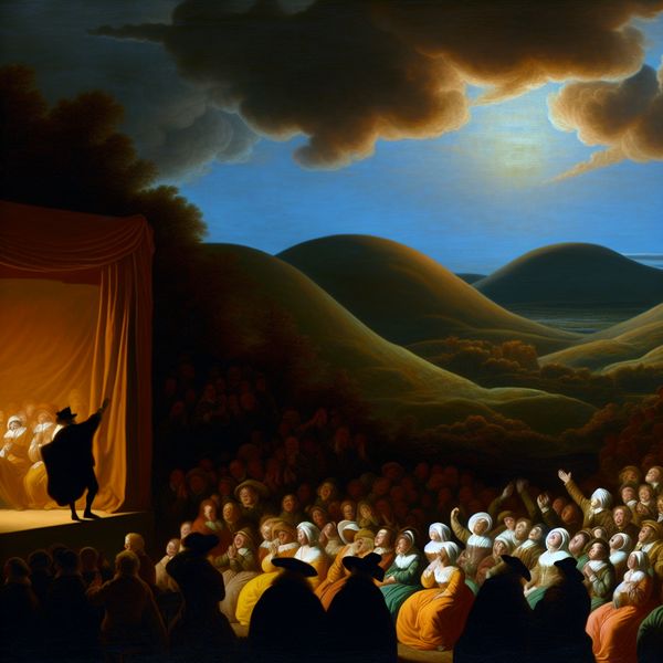 Een levendig landschap met een menigte die applaudisseert voor een muzikant op een klein podium, met glooiende heuvels en dramatische wolken op de achtergrond.