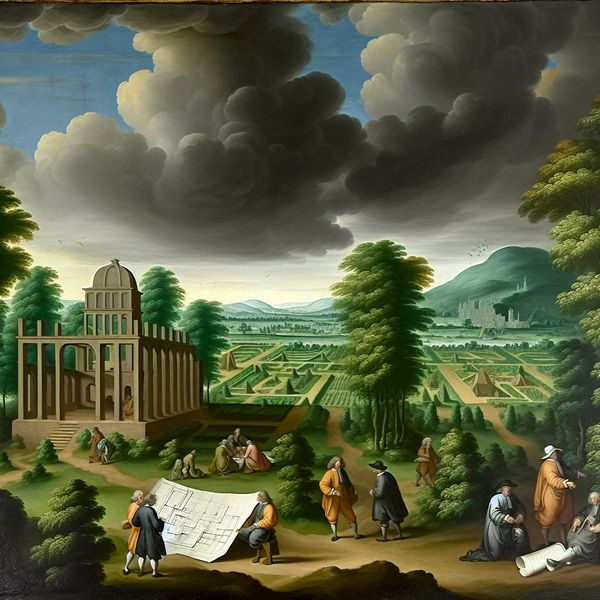 Landschapssschilderij over een nieuw project met discussiërende werkers Dramatisch landschap met werkers die blauwdrukken bespreken voor een nieuw project