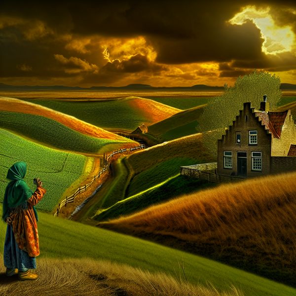 Dramatisch landschap met reiziger en huis in gouden zonlicht Een nieuwsgierige reiziger op een heuvel kijkt verlangend naar een schattig huis aan de rand van een groen veld onder een gouden zonsondergang.