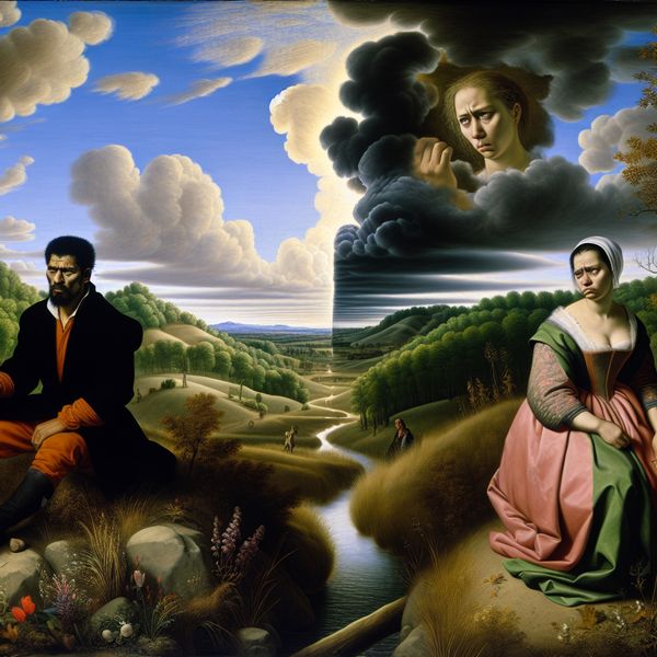 Dramatisch Landschap van Scheiding: Stel op Heuvel Een somber landschap met een stel op een heuvel, kijkt naar een tumultueuze lucht. De man is nadenkend, terwijl de vrouw met een gemengde uitstraling van verdriet en vastberadenheid in de verte staart.