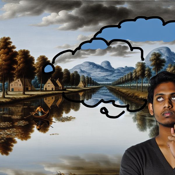 Dramatisch landschap met rivier en uitdrukkingen Een dramatisch landschap met een complexe lucht, een kronkelige rivier en een persoon met een denkbel.