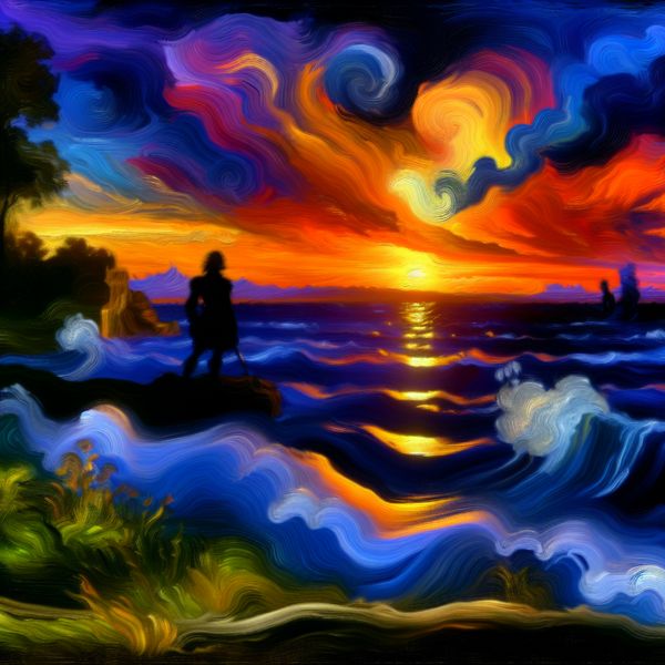 Indrukwekkend landschap schilderij met zonsondergang en zee Dramatisch landschap met zonsondergang en zee, figuur bewondert uitzicht