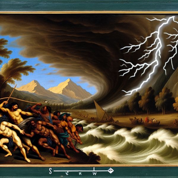 Dramatische stormlandschap met donkere wolken, bliksem en vechtende figuren tegen de elementen