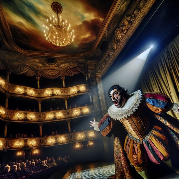 Dramatisch Theateroptreden van een Acteur Een mannelijke acteur die een krachtige rol vertolkt op een theaterpodium, omringd door een publiek, met een spotlicht op zich en een spectaculaire achtergrond.