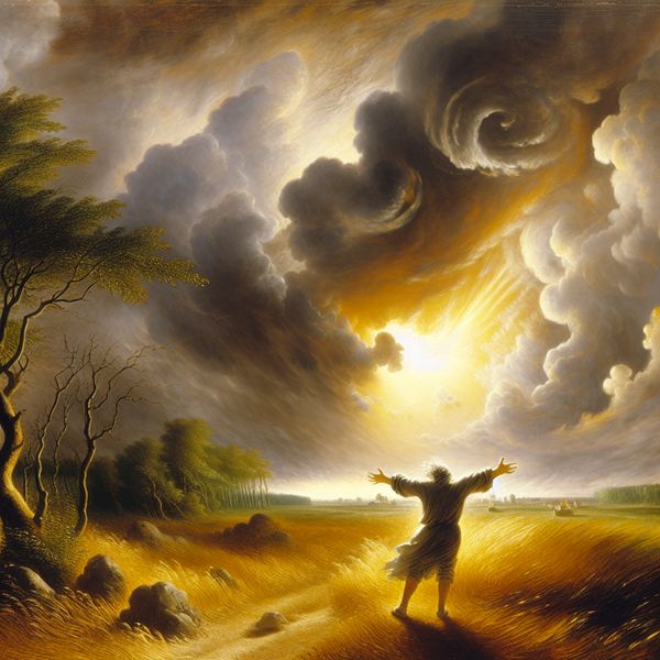Een eenzame figuur met uitgestrekte armen in een dramatisch landschap onder een stormachtige lucht, symbool voor intens verlangen en emotie