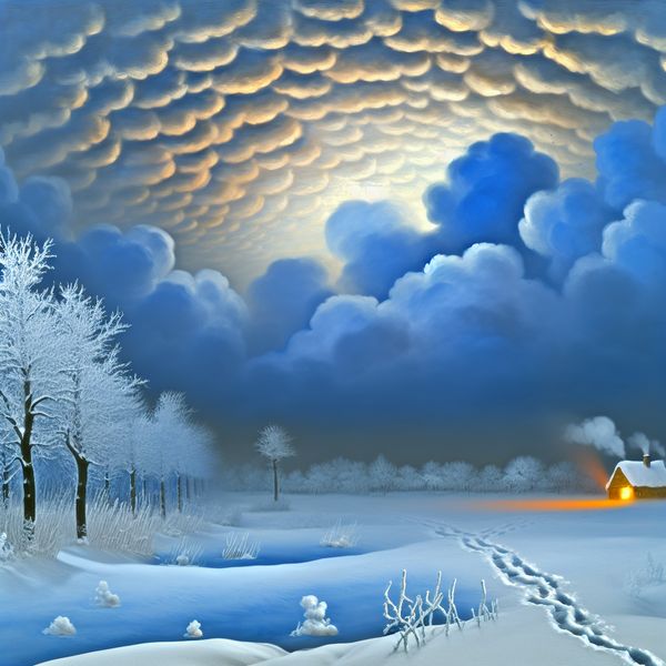 Winterlandschap met sneeuwbedekte velden, bevroren bomen en een warme verlichting vanuit een afgelegen cabin in de verte.
