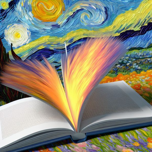 Dramatische Afsluiting van een Verhaal met Gloeiende Pagina's Een boek dat wordt gesloten met gloeiende pagina's, omgeven door dynamische kleuren, geïnspireerd door het werk van Vincent van Gogh.