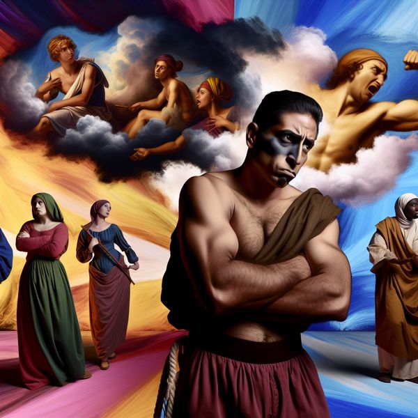 Dramatische Barok afbeelding van emotionele onderdrukking Een gespierde man met een somber gezicht in een dramatische Barokscène, onder donkere wolken die zijn innerlijke strijd symboliseren.