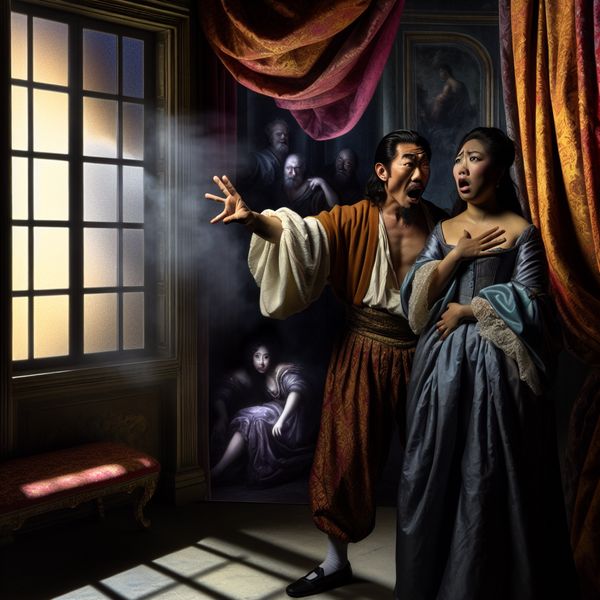 Een dramatische barokke scène met een man en vrouw in een schimmig verlichte kamer, de man wijst naar de vrouw terwijl donkere figuren in de achtergrond leugens symboliseren.