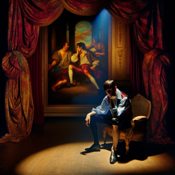 Dramatische Barok afbeelding van een teleurgestelde jonge man Een jonge man zit alleen in een donker vertrek op een antieke stoel, zijn bezorgde uitdrukking weerspiegelt teleurstelling na een discussie.