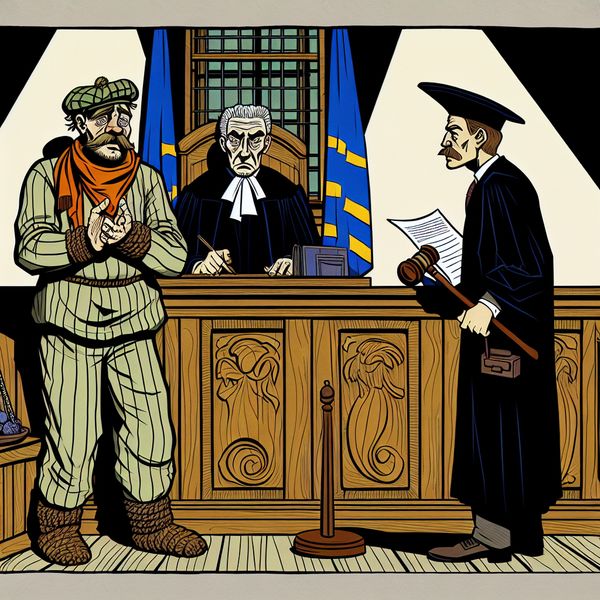 Cartoonillustratie van een dramatische rechtszaak waarin een schuldige verdachte zijn ernstige misdaad bekent aan een strenge rechter in een Nederlandse rechtbank
