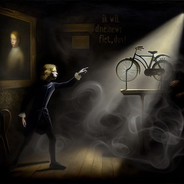 Dramatische Beklemtoning: Nieuwe Fiets in Spotlight Jongere wijst dramatisch naar nieuwe fiets in donkere fietswinkel