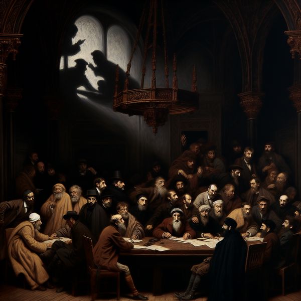 Frustrerende Bespreking in Dramatische Vergaderruimte Vergadering met meerdere gefrustreerde mensen rond een grote tafel in een sombere ruimte met gothic architectuur