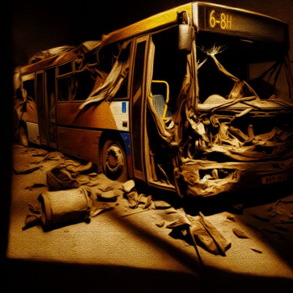 Dramatische Botsingsscène met Busvoorkant Bus met beschadigde voorkant na botsing, omgeven door puin