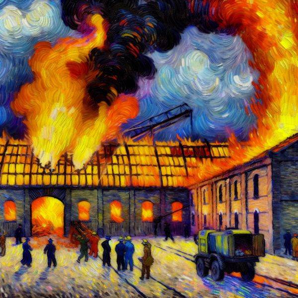 Dramatische brand in een oud pakhuis met vlammende kleuren en Van Gogh-stijl penseelstreken, mensen evacueren