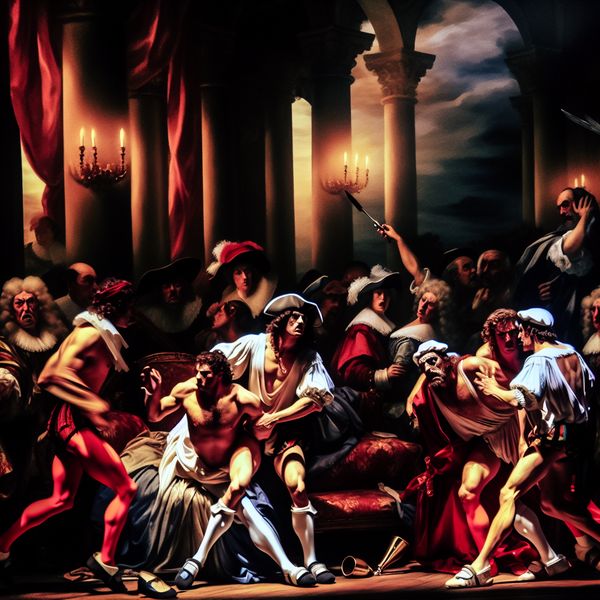Dramatische barokke scène uit een film of toneelstuk met expressieve figuren in historische kostuums, verlicht door theatraal licht