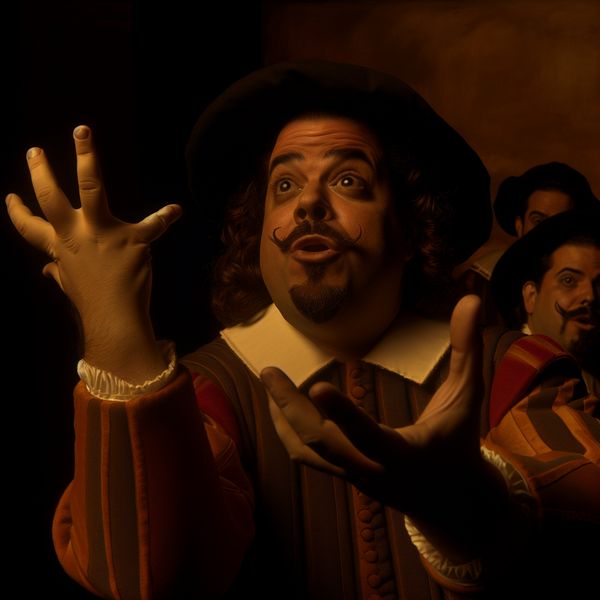 Historische handgebaren in Rembrandt-stijl voor taal leren Een persoon in historische kleding gebaren makend met hun handen in een zwak verlichte omgeving, geïnspireerd door de stijl van Rembrandt.