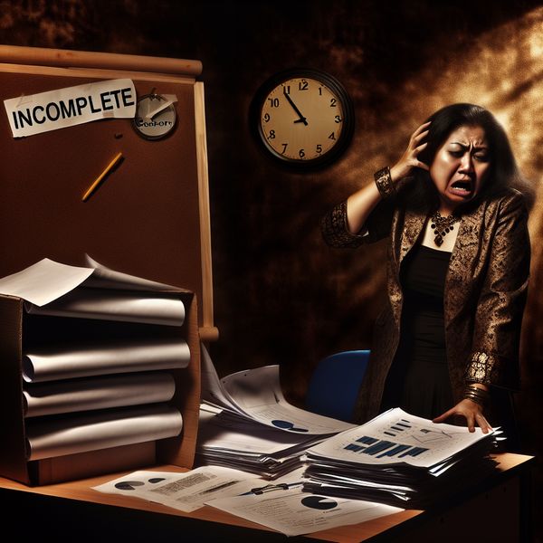 Dramatische kantooromgeving die de verantwoordelijkheden van een manager weerspiegelt Een middelgrote manager met een gestreste uitstraling zit in een dusdanig verlichte kantoor vol documenten en rapporten, omringd door chaos, terwijl hij naar een leeg projectbord kijkt dat 'Incompleet' aangeeft.