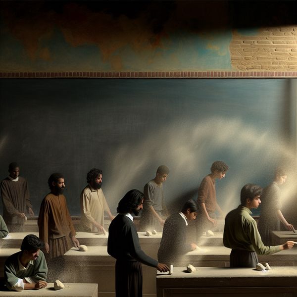 Dramatische Klaslokaal Scène met Krijt in Rembrandt Stijl Een dramatische klaslokaalscène met studenten die krijt verplaatsen, in de stijl van Rembrandt, met focus op de tekstuur van het krijt en het stof.