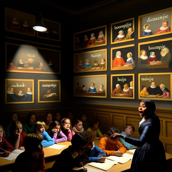 Dramatische Klaslokaalscène met Verkleurwoorden in het Nederlands Een leerkracht in een klaslokaal wijst naar een muur vol kleurrijke voorbeelden van verkleinwoorden in het Nederlands.