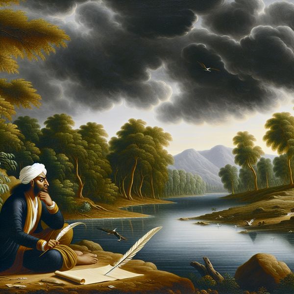 Dramatische Landschap Schilderij van een Schrijver bij de Rivier Schilderij van een schrijver die peinzend bij een rivier zit, omringd door bomen onder een stormachtige lucht in de stijl van Jacob van Ruisdael.