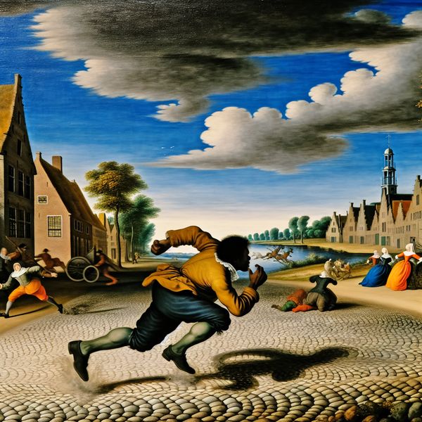 Dramatische Landschapsschilderij van Jacob van Ruisdael's Stijl Schilderij van een man die haastig een kasseien straat oversteekt in een Nederlandse stad