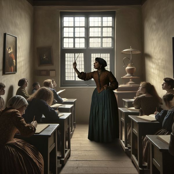 Dramatische les met docent en gemotiveerde leerlingen Docent staat voor een klas met aandachtige leerlingen, geanimeerd uitleggend met expressieve gebaren. Zonlicht valt door het raam, waardoor een warme sfeer ontstaat.